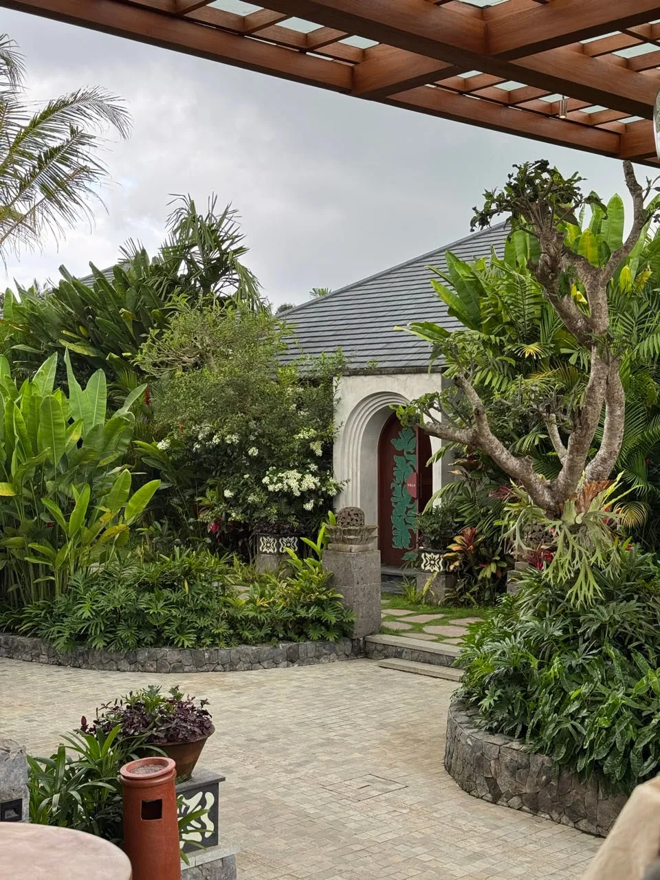 Gepflasterter Hof mit tropischen Pflanzen, einem knorrigen Baum und einem Haus mit rundem Torbogen