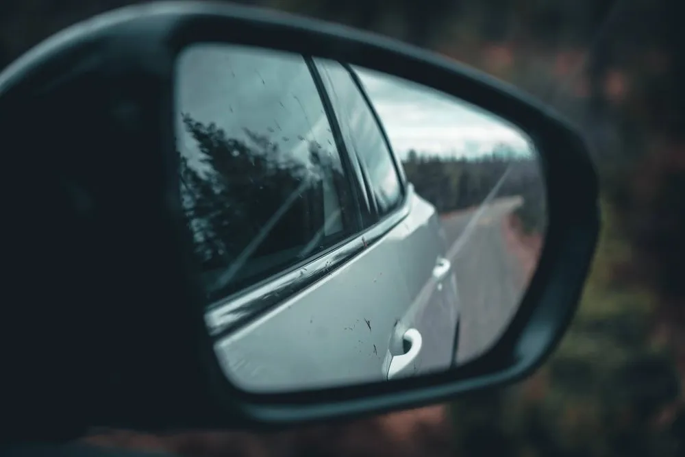 In the car's wing mirror you can see the car door and the road behind us, with dark forest beyond