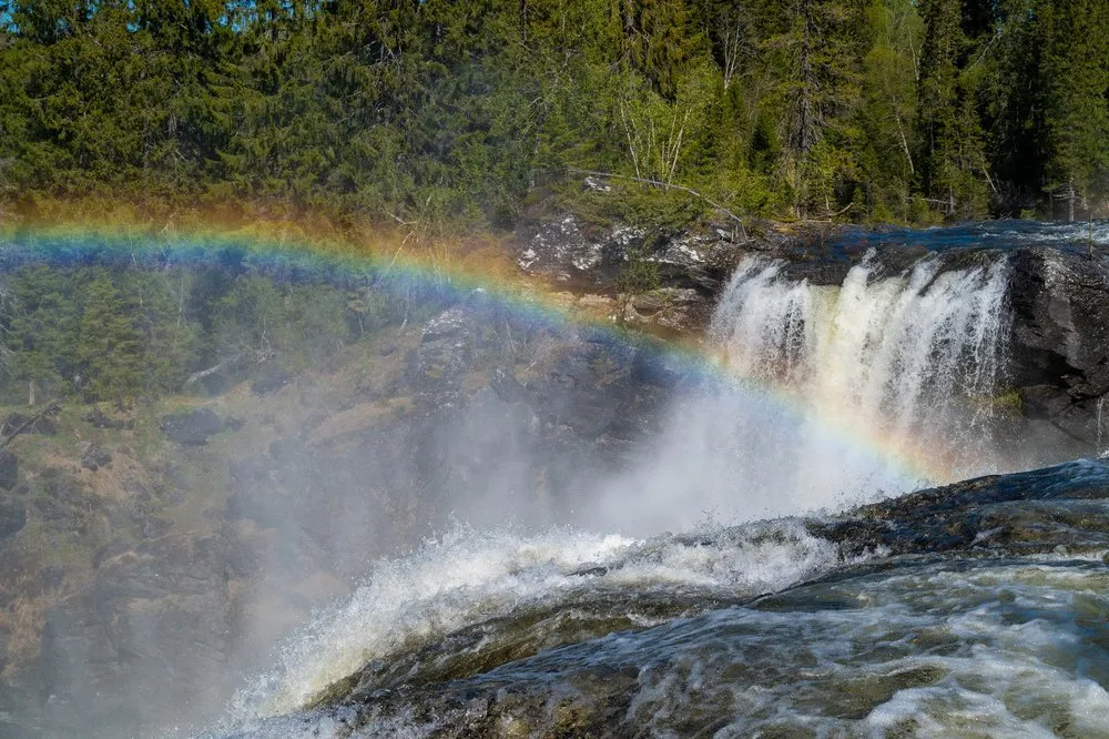 Ein Regenbogen spannt sich über die Gischt am Ristafallet, rechts stürzt Wasser über eine Felskante