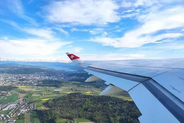 Blick aus dem Flugzeugfenster über der Schweiz: Tragfläche mit Schweizerkreuz, darunter Felder und Wald, am Horizont Berge
