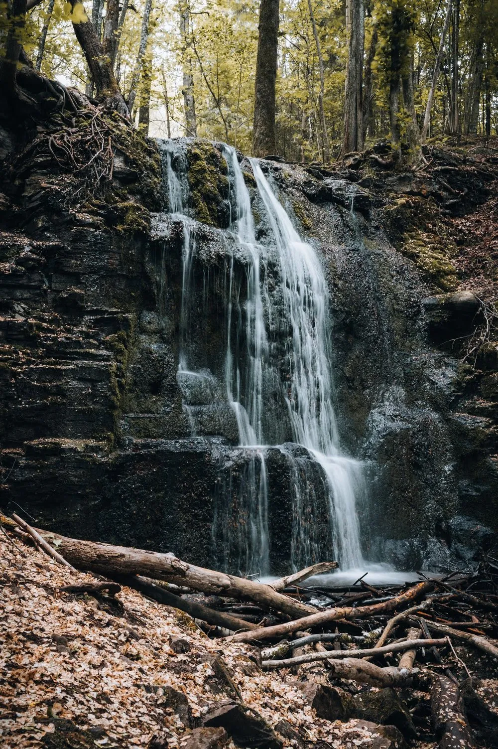 Wasserfall über eine dunkle Felsstufe am Silverfallet, am Boden braunes Laub und dünne Äste