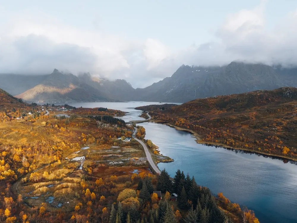 Ein Fjord mit einer Strasse am Ufer, gelbe und orange Bäume, hinten Berge unter Wolken, aus der Luft