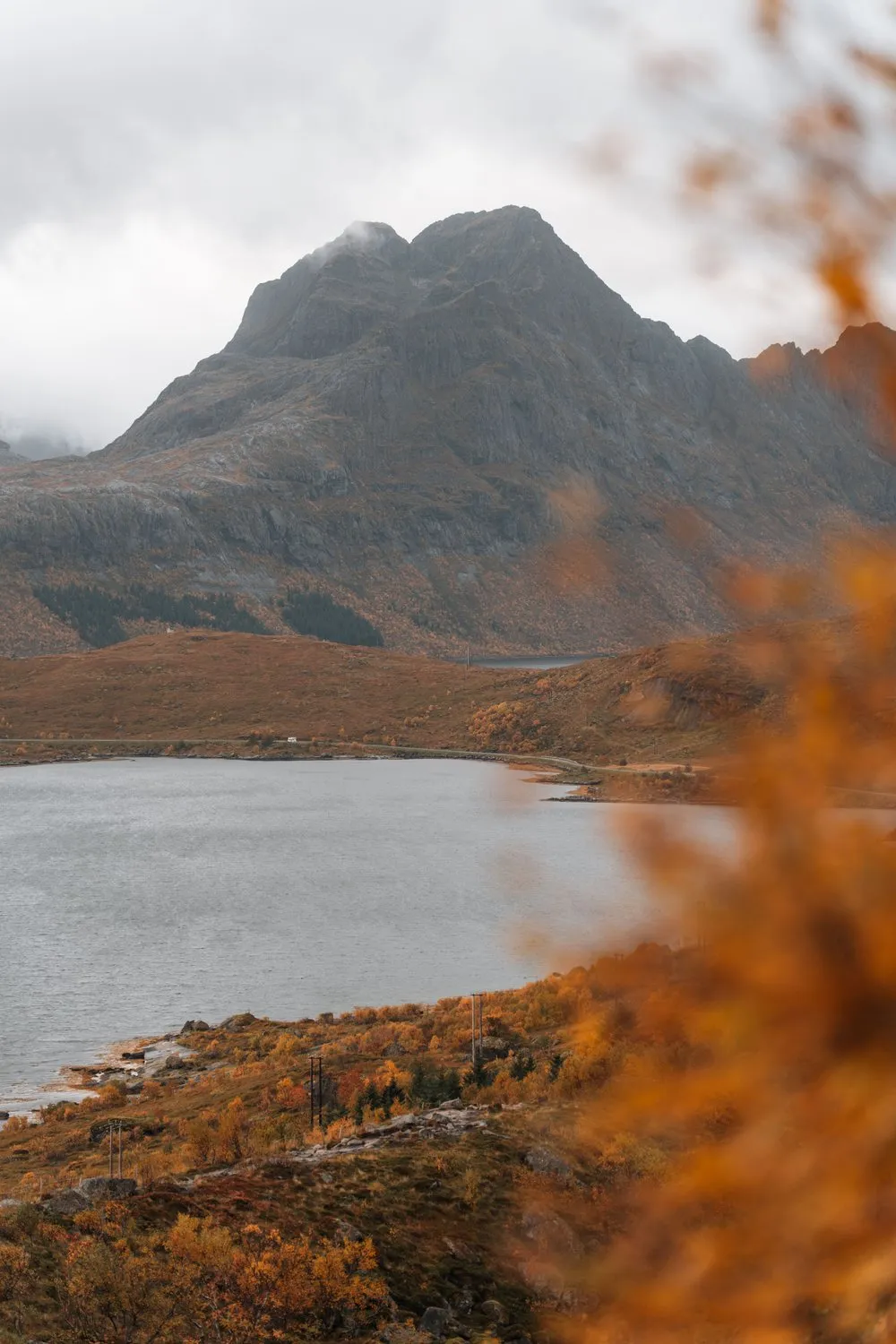 Ein grauer Berg über einem See, am Rand orange gefärbtes Laub, auf dem Weg zum Kvalvika Beach
