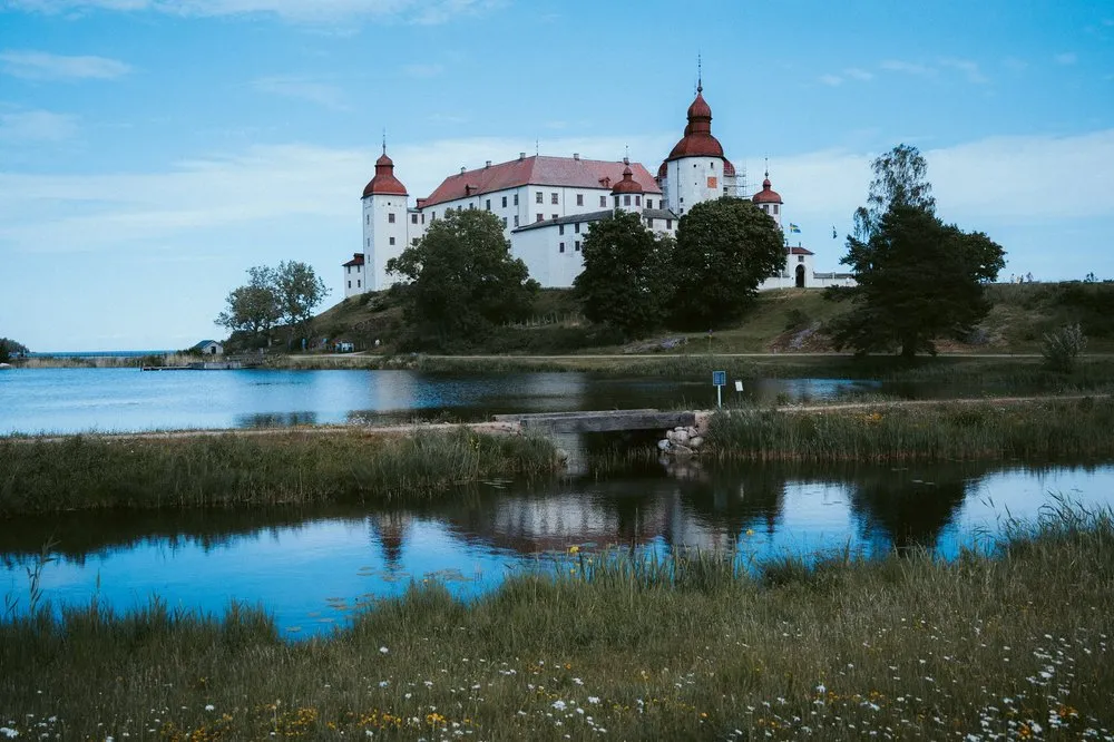 Läckö Slott mit roten Kuppeldächern hinter einer Bucht mit Schilf, im Vordergrund Wiesenblumen