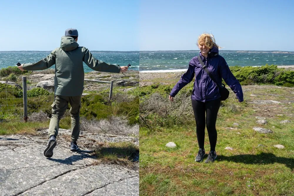 Two photos side by side: a man spreads his arms in the wind, a woman with windswept hair smiles, the sea behind them