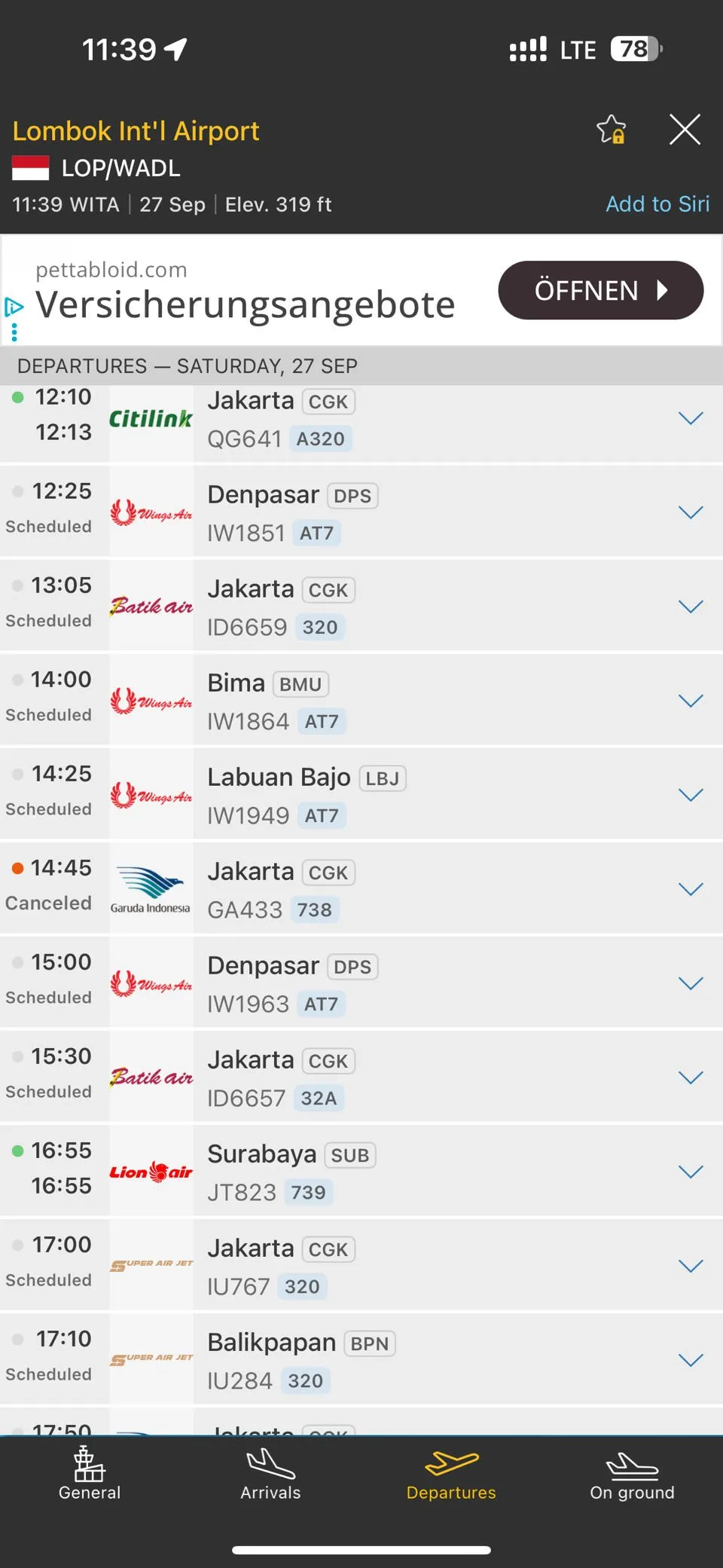 Screenshot von Flightradar mit den Abflügen ab Lombok, der Flug GA433 um 14:45 Uhr nach Jakarta ist als Canceled markiert