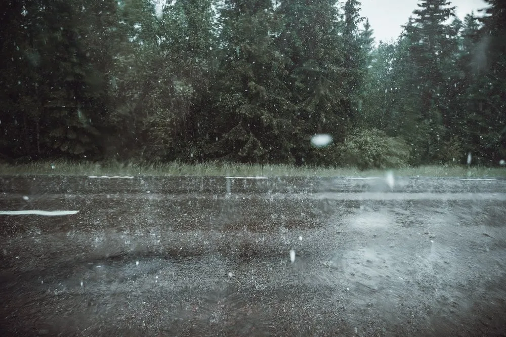Regen und Hagelkörner prasseln auf nassen Asphalt, dahinter Fichten und ein Wiesenstreifen