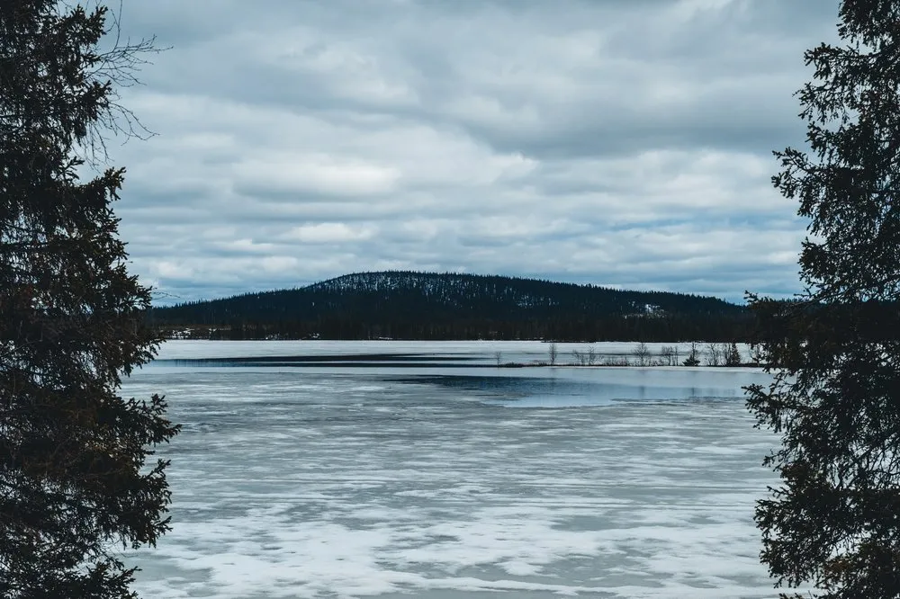 Ein zugefrorener See mit Schnee und offenem Wasser, dahinter ein bewaldeter Hügel, links und rechts ragen Tannenäste ins Bild