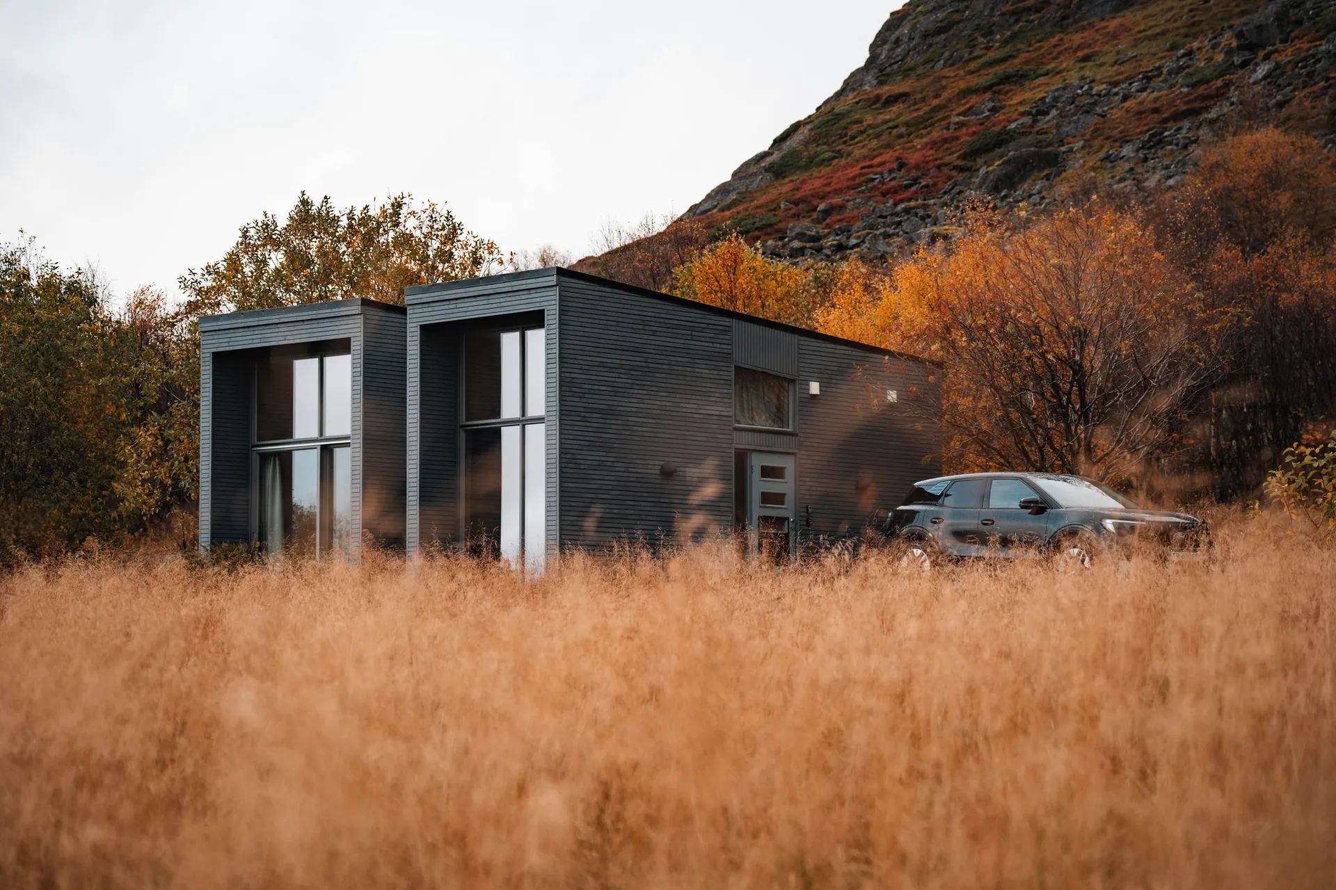 Unser Airbnb in Nøss, ein modernes dunkles Haus mit hohen Fenstern im goldgelben Gras, davor unser Mietauto von Sixt, dahinter orange Bäume und ein felsiger Hang