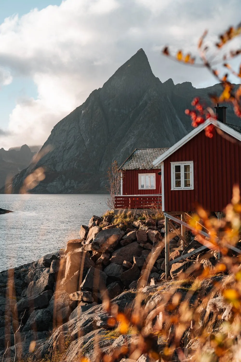 Ein rotes Rorbu auf den Felsen in Hamnøy, vorne herbstliche Zweige, hinten ein spitzer Berg
