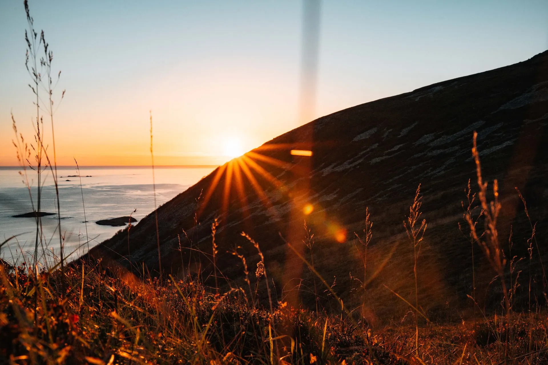 Die Sonne blitzt hinter einem dunklen Hang hervor, vorne Gräser im Gegenlicht, beim Abstieg vom Skårvågsfjellet