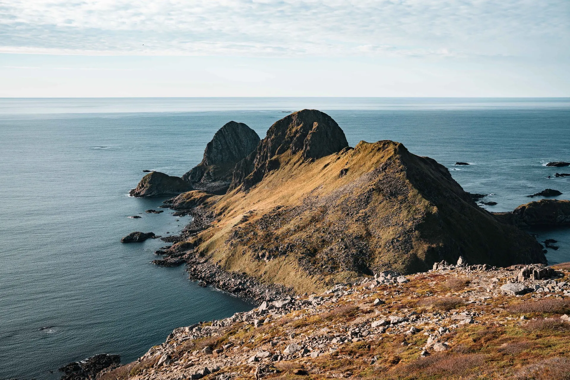 Die Felshalbinsel Engenyken mit ihren zwei dunklen Felsköpfen ragt ins Meer, vorne die steinige Kuppe des Bufjellet