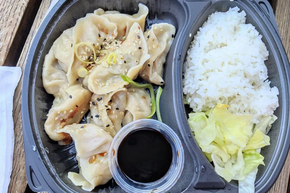 Von oben: Teigtaschen mit Sojasauce, Reis und Salatblättern in einer schwarzen Take-away-Schale auf einer Holzbank