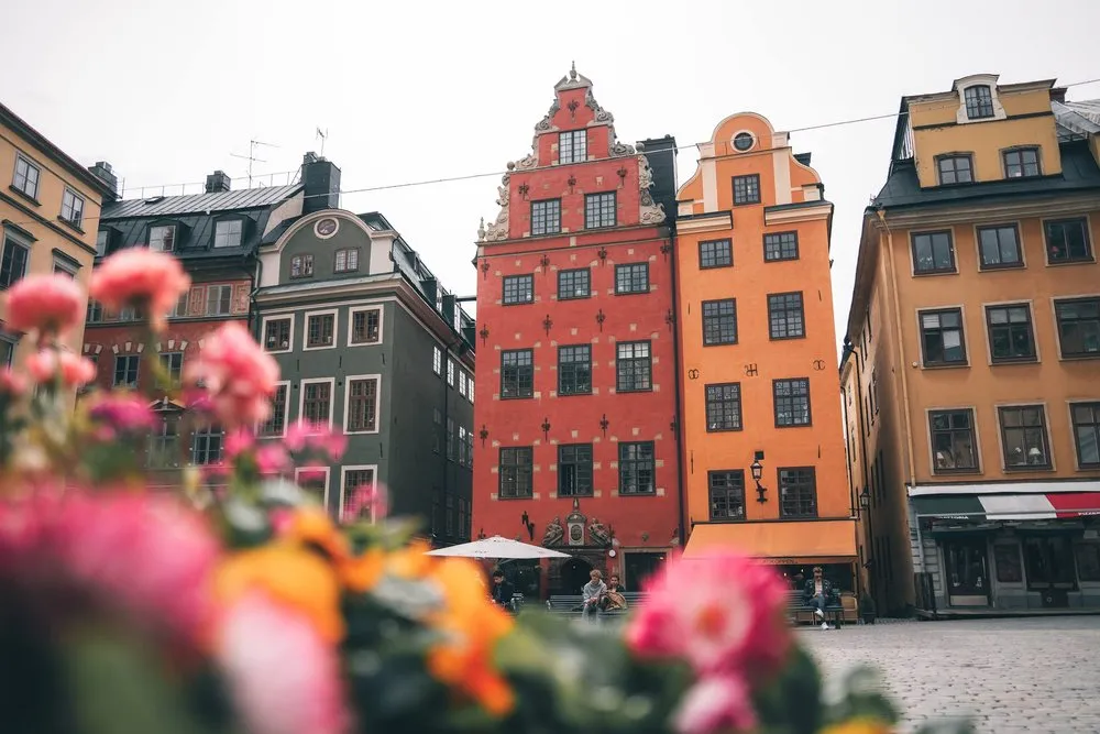 Rote und orange Giebelhäuser an einem Platz, im Vordergrund unscharfe rosa und gelbe Blumen